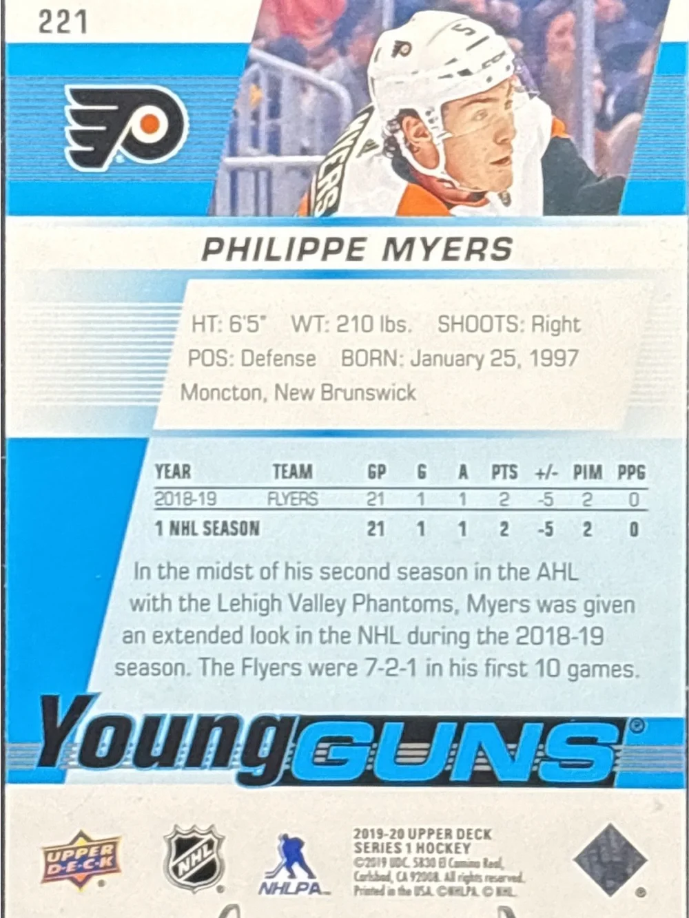 Upper Deck Young Guns Philippe Myers Flyers Hockey Trading Card